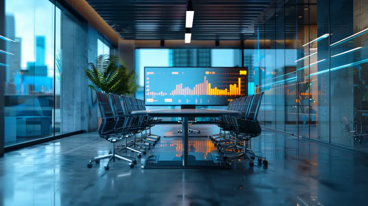 a modern office setting featuring a professional atmosphere with a sleek conference table and a digital screen displaying financial graphs, illuminated by soft natural light, symbolizing clear communication and collaboration with a fractional cfo.