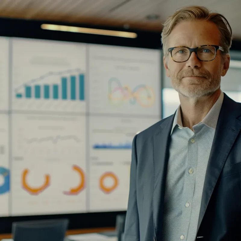 a confident fractional cfo stands in a sleek, modern office, surrounded by financial charts and data analytics on large screens, symbolizing strategic tax savings and financial empowerment under warm, natural lighting.