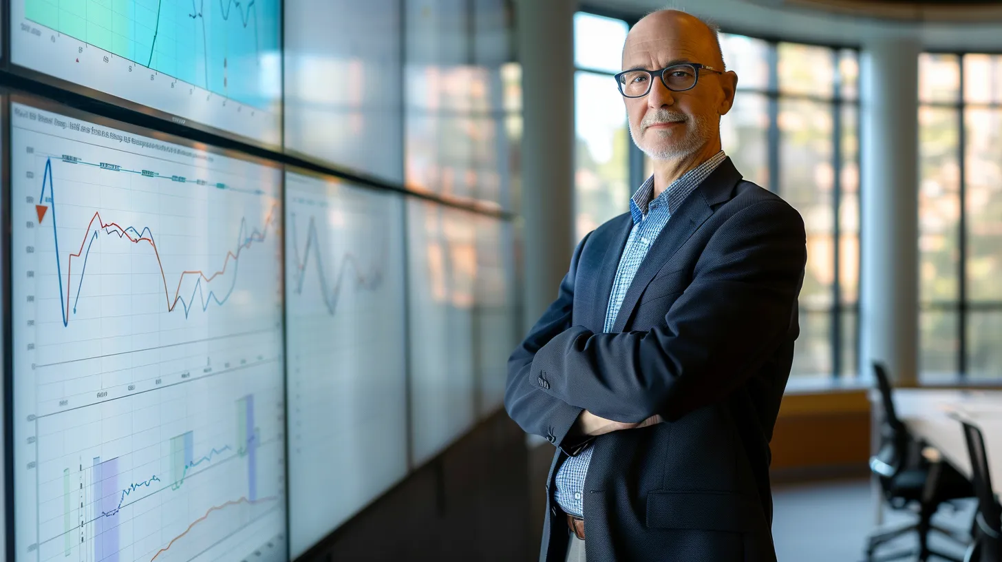 a distinguished cfo stands confidently in a modern boardroom, strategically analyzing complex financial data displayed on a sleek digital screen, illuminated by soft, natural light filtering through large windows, symbolizing growth and oversight in corporate success.