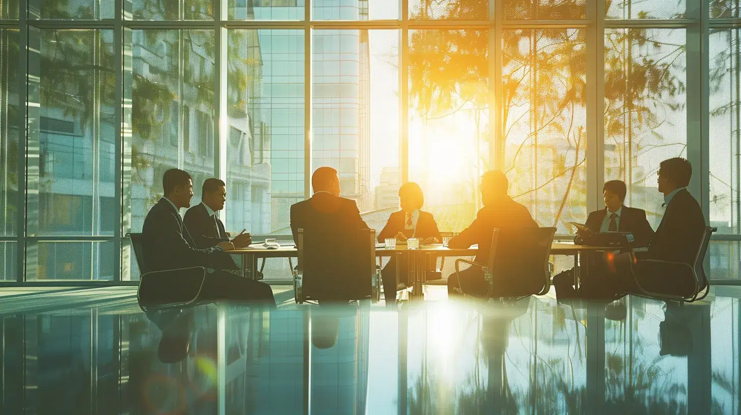 a dynamic business meeting in a modern conference room, featuring a diverse group of confident executives engaging in strategic discussions over financial charts, illuminated by natural light streaming through large windows, symbolizing growth and collaboration.