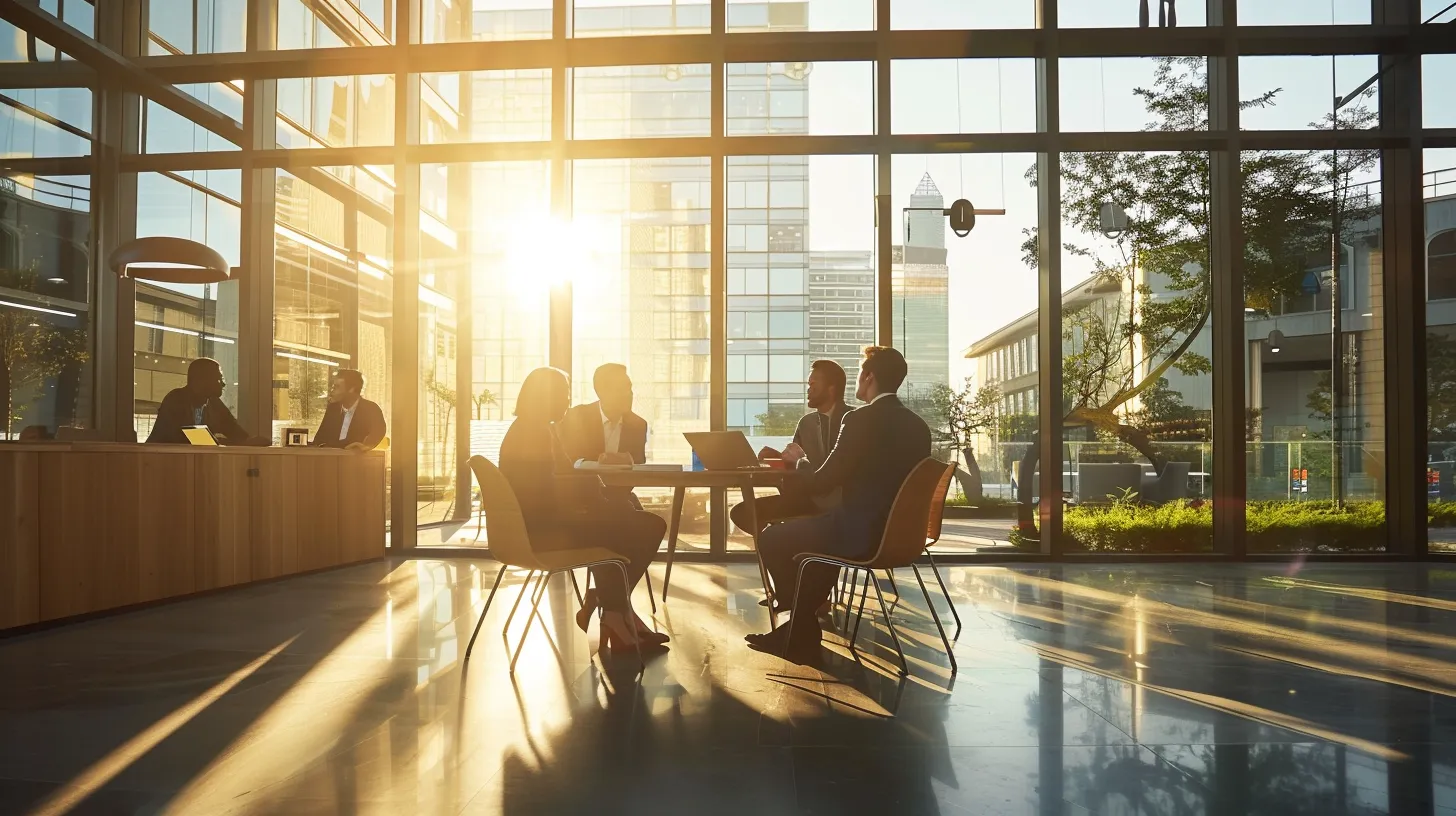 a dynamic office setting showcases a diverse team engaged in a collaborative discussion with a fractional cfo, illuminated by soft, natural light streaming through large windows, symbolizing trust and transparency in achieving shared financial goals.