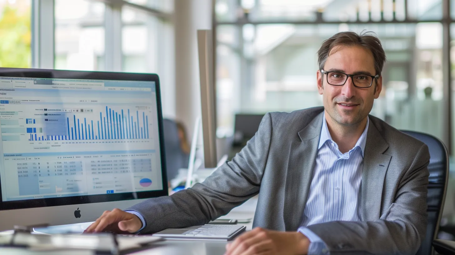 a sleek modern office environment features a confident fractional cfo analyzing digital financial data on a large screen, symbolizing the critical evaluation of business profitability and financial health.