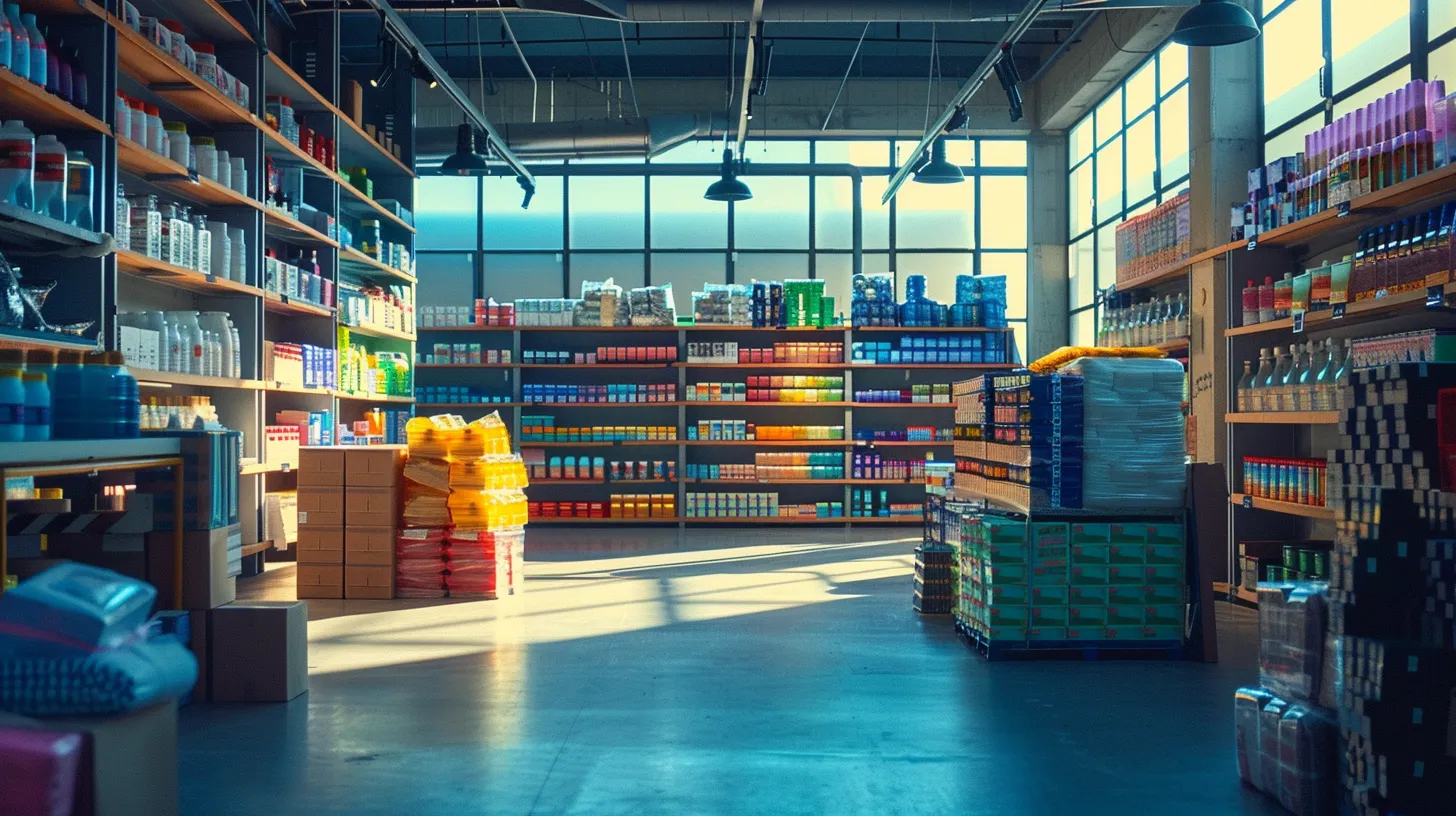 a vibrant and organized warehouse showcases neatly arranged shelves stocked with colorful products, illuminated by natural light streaming through large windows, symbolizing efficient inventory management and streamlined operations.