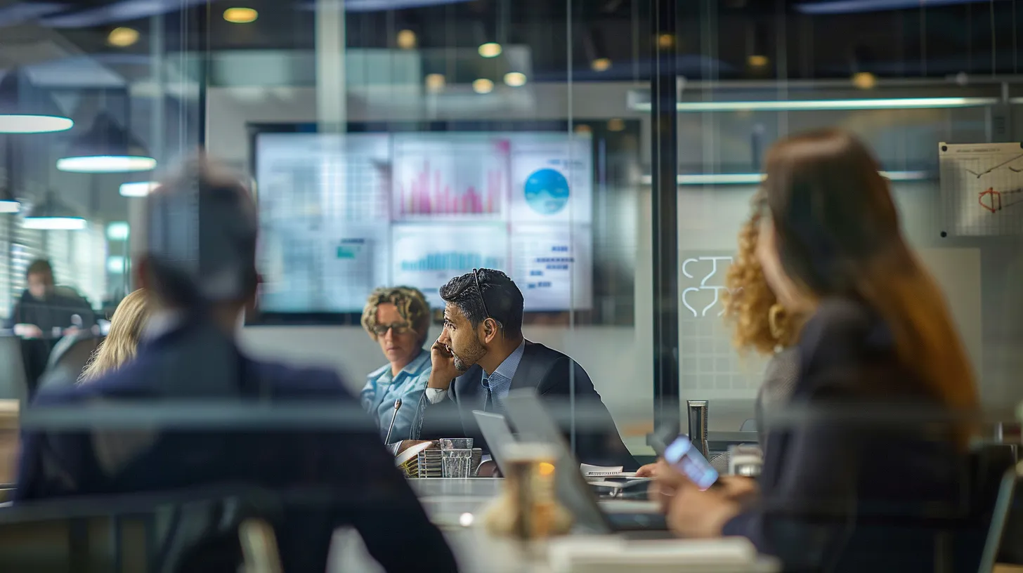 a vibrant office scene captures a diverse team engaged in a dynamic discussion around financial charts and graphs, highlighting the theme of collaboration in overcoming cash flow challenges.