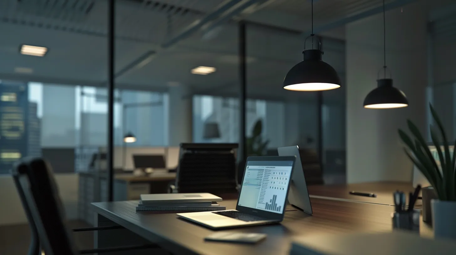 a modern office space is illuminated by sleek pendant lights, showcasing a polished desk with prominent financial documents and a laptop displaying tax deduction strategies, symbolizing strategic planning for asset and equipment purchases. | Cohesion a modern office space is illuminated by sleek pendant lights, showcasing a polished desk with prominent financial documents and a laptop displaying tax deduction strategies, symbolizing strategic planning for asset and equipment purchases.