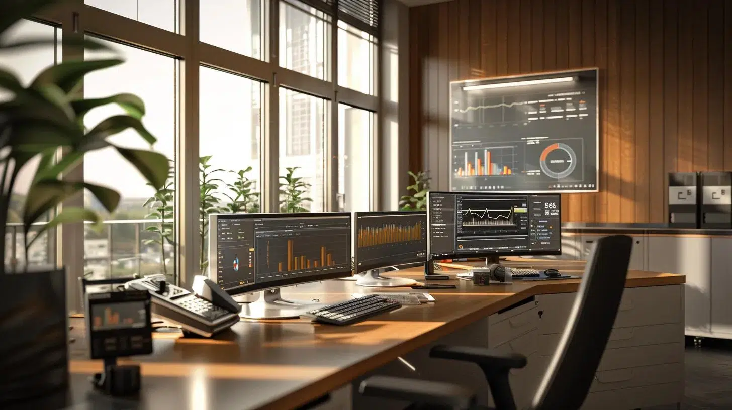 a focused and sophisticated office scene showcases a fractional cfo analyzing financial dashboards on a sleek computer, surrounded by modern accounting tools and graph displays that illustrate key performance indicators and budgeting strategies, emphasizing data-driven decision-making in a corporate environment. | Cohesion a focused and sophisticated office scene showcases a fractional cfo analyzing financial dashboards on a sleek computer, surrounded by modern accounting tools and graph displays that illustrate key performance indicators and budgeting strategies, emphasizing data-driven decision-making in a corporate environment.