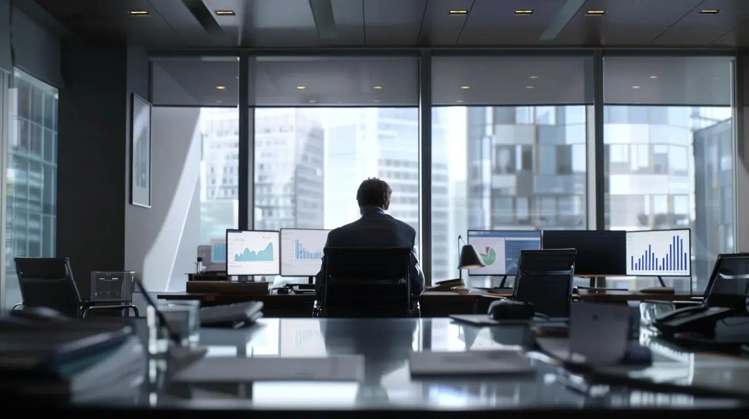 a focused office environment with a confident local fractional cfo strategically analyzing financial reports on a sleek digital dashboard, embodying the essence of risk management and financial stability. | Cohesion a focused office environment with a confident local fractional cfo strategically analyzing financial reports on a sleek digital dashboard, embodying the essence of risk management and financial stability.