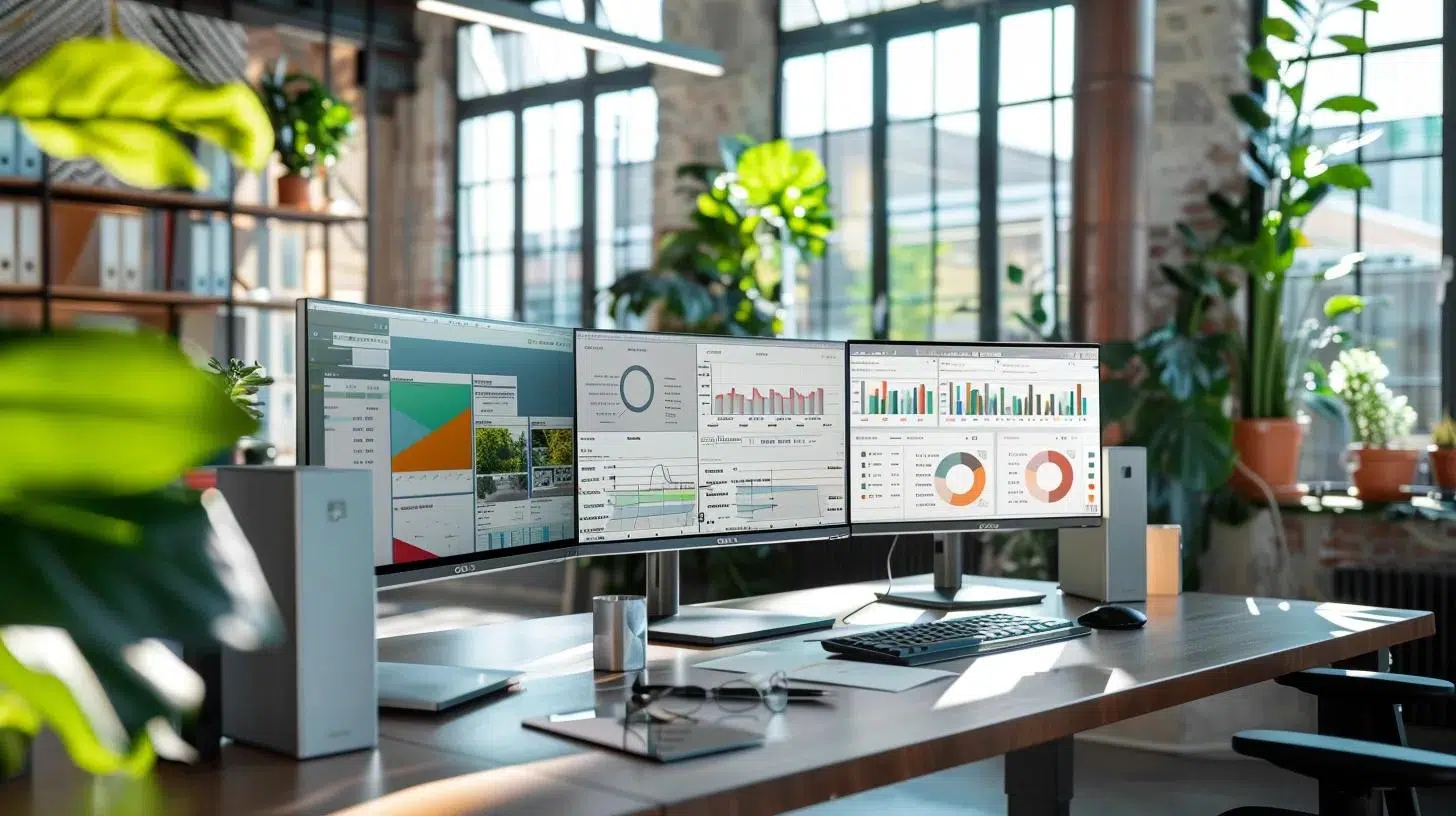 a modern office environment features a sleek workstation with multiple high-resolution screens displaying dynamic dashboards and analytics, symbolizing the integration of technology and data in enhancing risk management for cfos. | Cohesion a modern office environment features a sleek workstation with multiple high-resolution screens displaying dynamic dashboards and analytics, symbolizing the integration of technology and data in enhancing risk management for cfos.