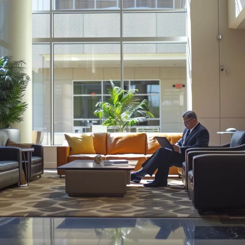 a professional office setting featuring a confident, well-dressed fractional cfo reviewing financial reports with a digital tablet, surrounded by sleek furniture and modern technology, embodying the theme of business resilience and strategic financial oversight.