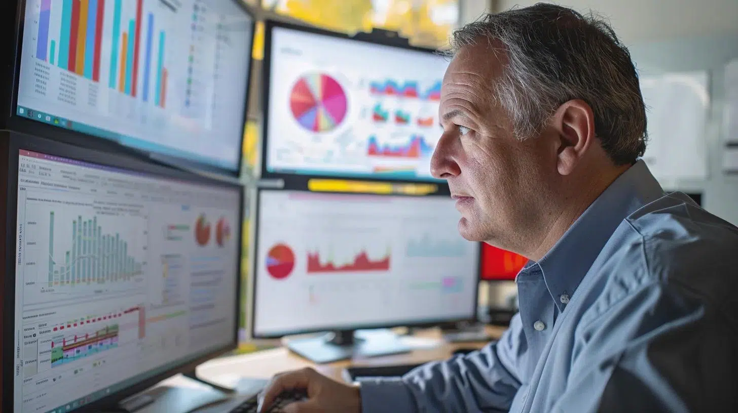 a sharply lit modern office setting features a confident fractional cfo analyzing financial data on multiple screens, with charts and graphs depicting risk indicators and mitigation strategies prominently displayed in the background. | Cohesion a sharply lit modern office setting features a confident fractional cfo analyzing financial data on multiple screens, with charts and graphs depicting risk indicators and mitigation strategies prominently displayed in the background.