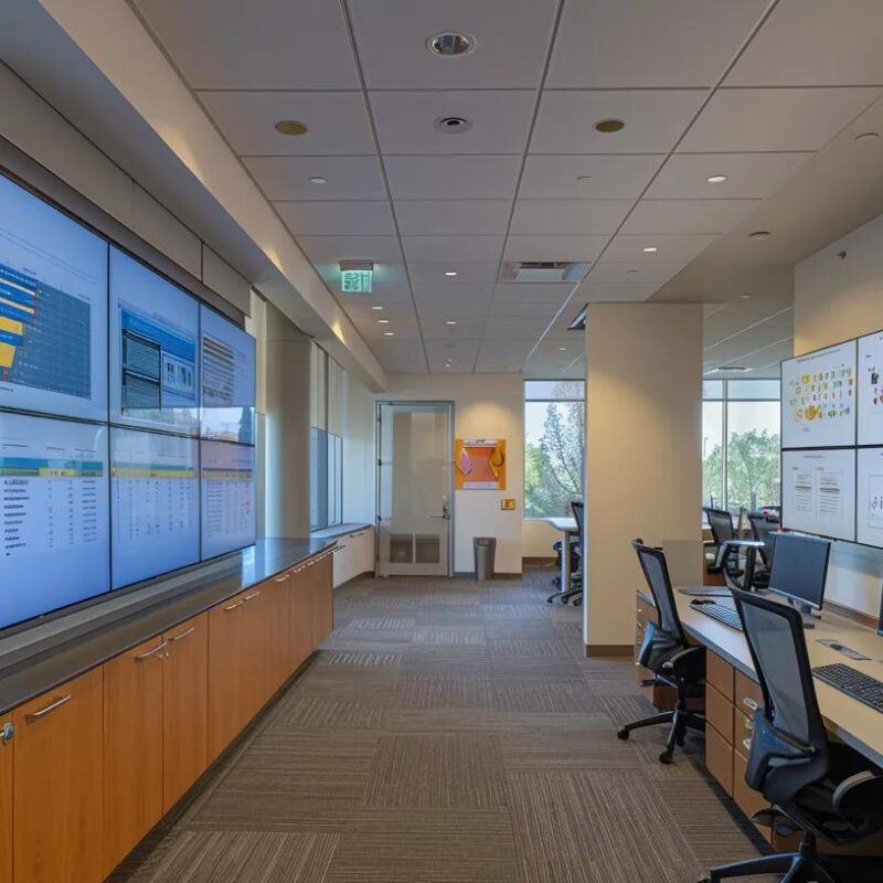 a sleek, modern office environment features a confident fractional cfo analyzing dynamic kpi dashboards on multiple high-resolution screens, illuminated by soft, focused lighting that accentuates the strategic atmosphere of financial oversight.