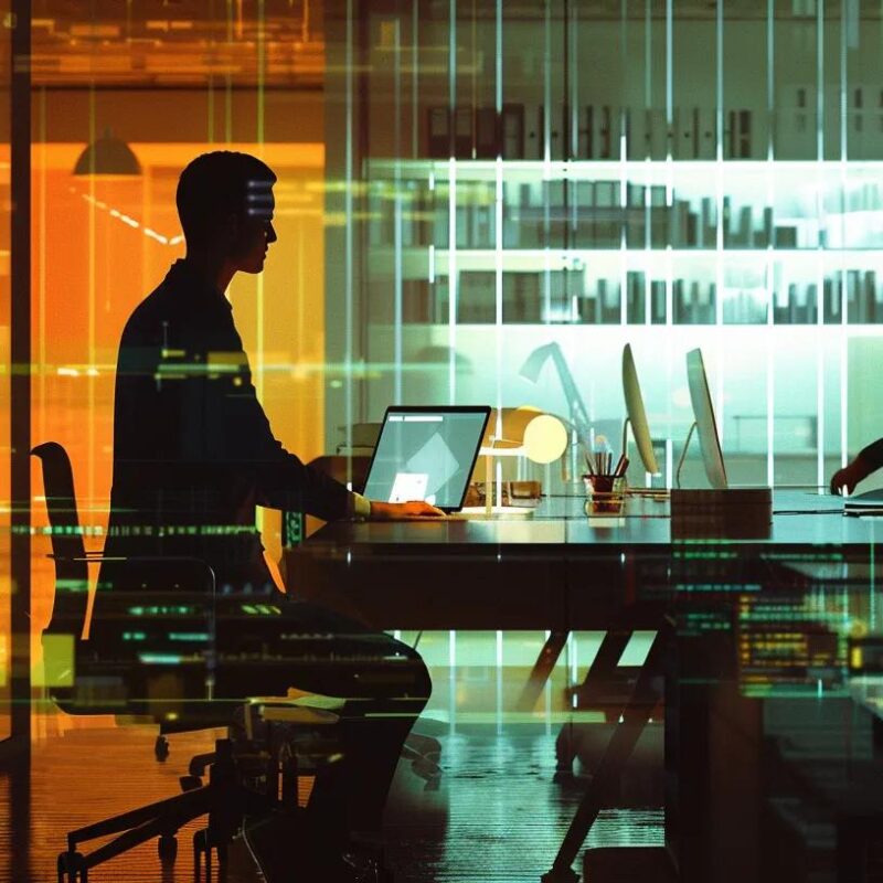 a sleek, modern office workspace features two contrasting figures, one embodying a traditional cfo with formal attire and a briefcase, and the other a fractional cfo, casually dressed and using a laptop, both surrounded by compliance documents and financial charts, symbolizing their differing approaches to financial leadership.