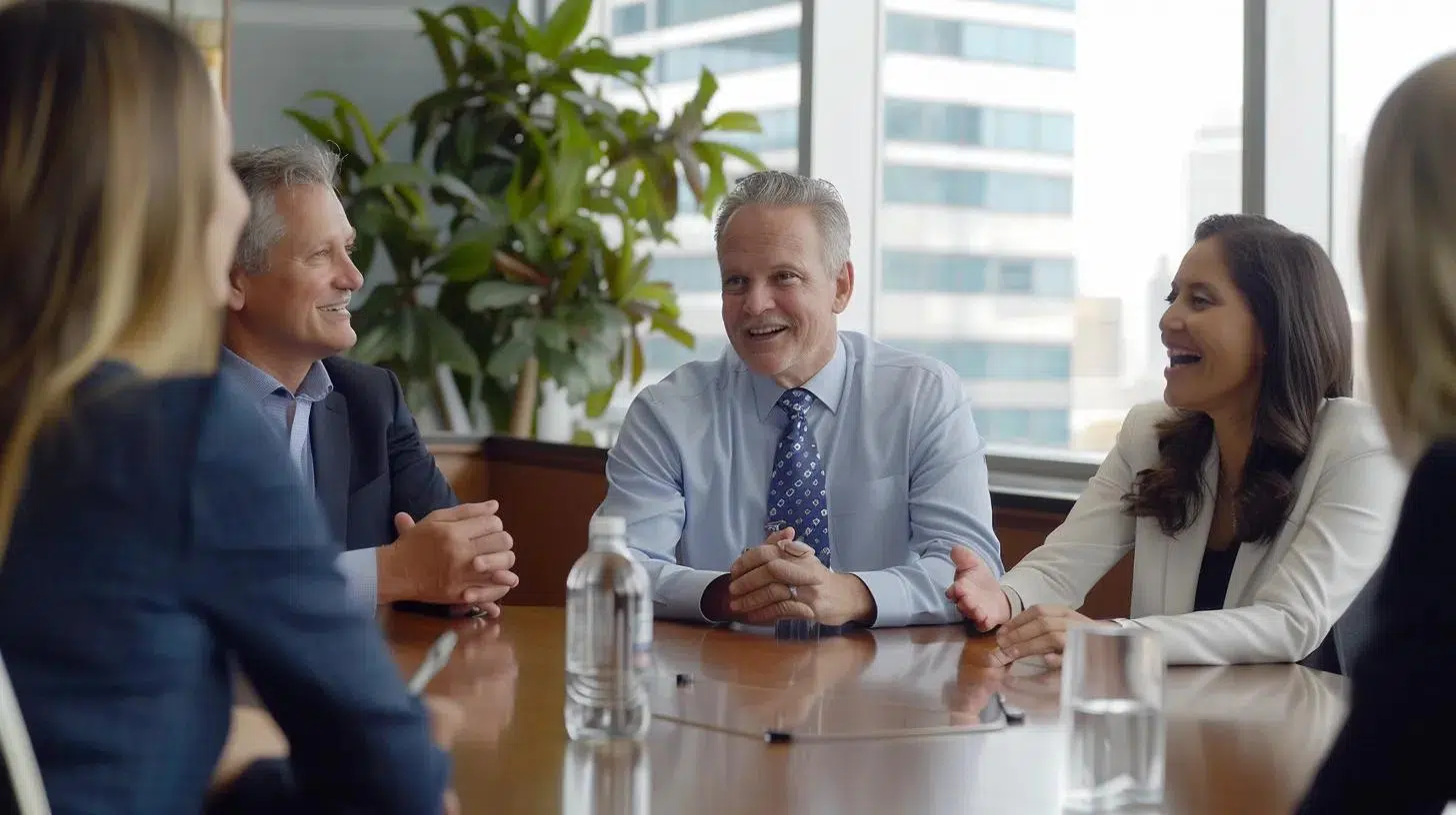 a confident financial advisor engages with a diverse group of family business members around a sleek, modern conference table in a well-lit office, illustrating the dynamic interplay of expertise and tradition in financial decision-making. | Cohesion a confident financial advisor engages with a diverse group of family business members around a sleek, modern conference table in a well-lit office, illustrating the dynamic interplay of expertise and tradition in financial decision-making.