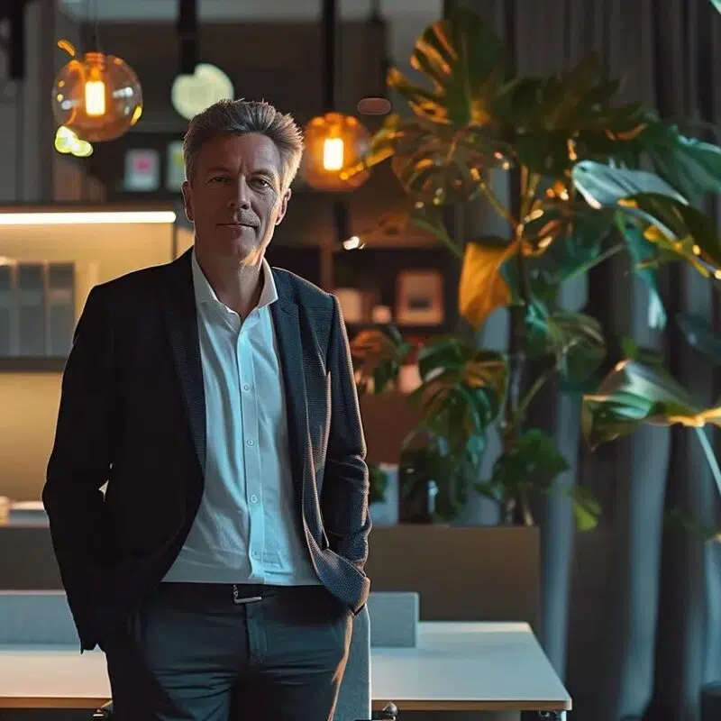 a dynamic office environment showcases a confident cfo presenting innovative financial metrics on a sleek digital dashboard, embodying the essence of strategic growth and success.