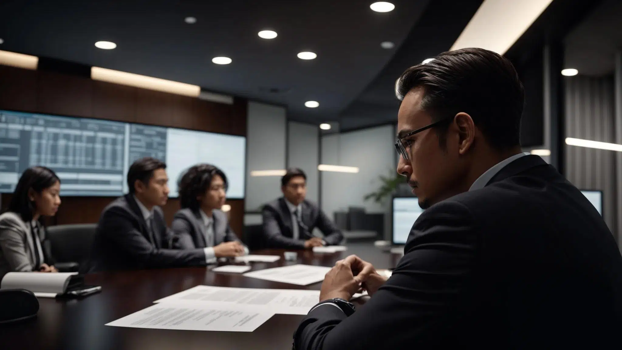 a focused fractional cfo engages in a dynamic strategy session at a modern conference table, surrounded by diverse department heads, all analyzing financial reports and discussing innovative cost-saving initiatives in a sleek, well-lit office environment. | Cohesion a focused fractional cfo engages in a dynamic strategy session at a modern conference table, surrounded by diverse department heads, all analyzing financial reports and discussing innovative cost-saving initiatives in a sleek, well-lit office environment.