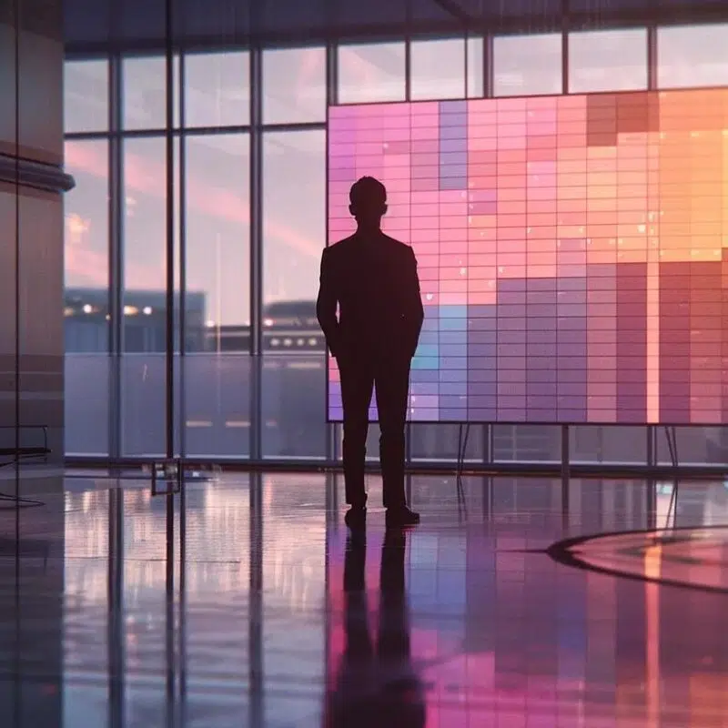 a focused, modern office setting captures a confident fractional cfo presenting a dynamic cost-saving strategy on a sleek digital screen, with data visualizations illuminating a strategic approach to financial efficiency.