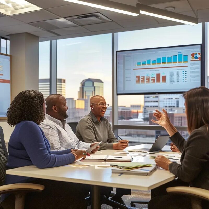 Family-owned businesses in Plano discussing financial strategies in a conference setting.