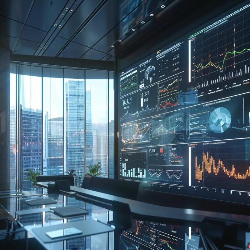 in a sleek, modern office filled with finance-related charts on digital screens, a confident fractional cfo presents innovative financial strategies to an engaged team, embodying the future of financial leadership.