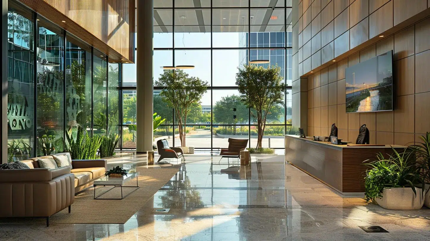 a modern conference room in an upscale office building in plano, showcasing a digital presentation on business incentives, with sleek furniture and large windows highlighting a dynamic urban skyline. | Cohesion a modern conference room in an upscale office building in plano, showcasing a digital presentation on business incentives, with sleek furniture and large windows highlighting a dynamic urban skyline.