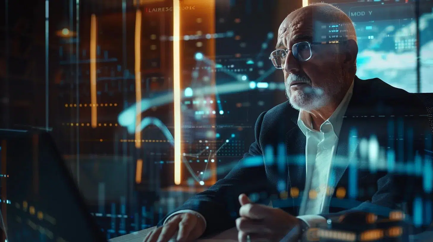 a polished office environment features a confident, affluent retiree engaged in a strategic wealth planning discussion with a financial advisor, surrounded by detailed reports and digital projections that symbolize structured asset allocation and future financial goals. | Cohesion a polished office environment features a confident, affluent retiree engaged in a strategic wealth planning discussion with a financial advisor, surrounded by detailed reports and digital projections that symbolize structured asset allocation and future financial goals.