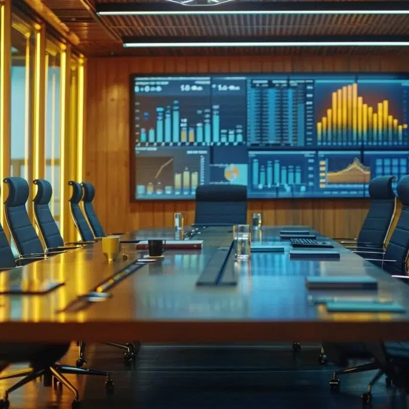 a sleek, modern office conference room is illuminated by warm artificial lights, featuring a large screen displaying dynamic graphs and financial data, while a diverse team confidently engages in strategic discussions around a polished wooden table.