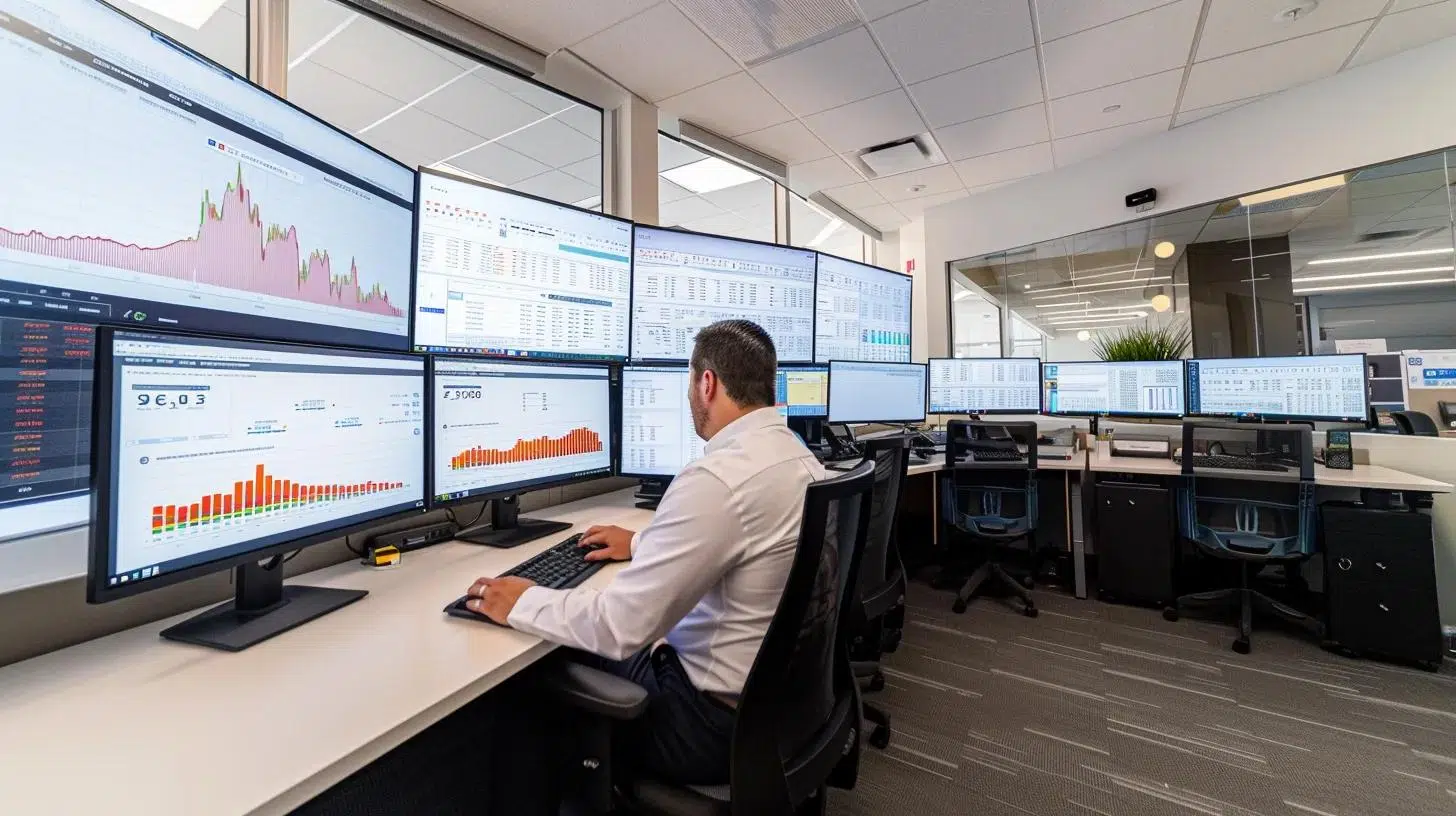 a sleek, modern office environment features a focused fractional cfo analyzing dynamic financial dashboards on multiple screens, highlighting essential kpis like liquidity and profitability while surrounded by crisp, organizational elements that reflect strategic financial clarity. | Cohesion a sleek, modern office environment features a focused fractional cfo analyzing dynamic financial dashboards on multiple screens, highlighting essential kpis like liquidity and profitability while surrounded by crisp, organizational elements that reflect strategic financial clarity.