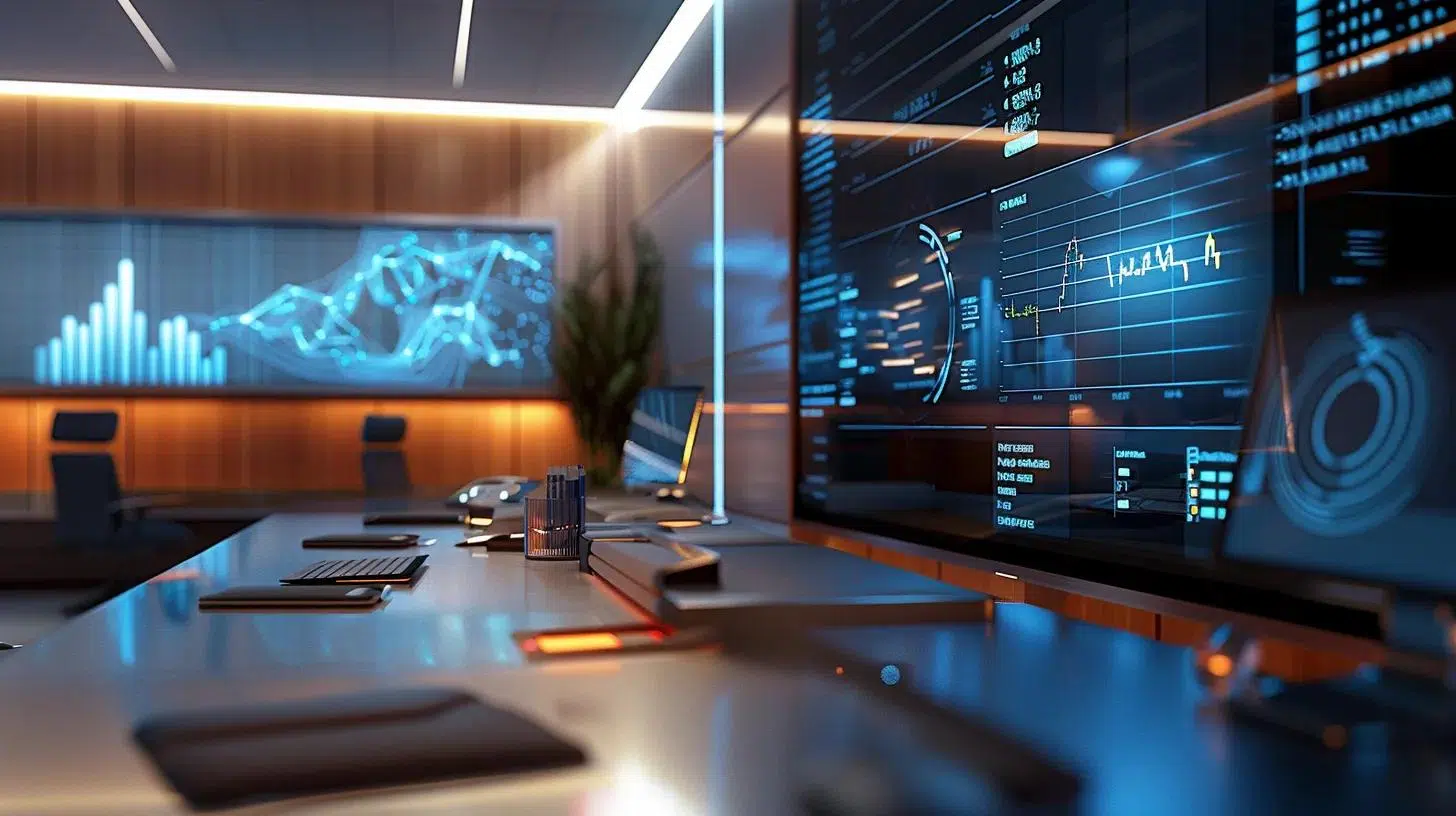 a sleek, modern office environment features a large digital dashboard displaying complex charts and forecasts, symbolizing advanced cfo metrics for financial forecasting and risk mitigation. | Cohesion a sleek, modern office environment features a large digital dashboard displaying complex charts and forecasts, symbolizing advanced cfo metrics for financial forecasting and risk mitigation.