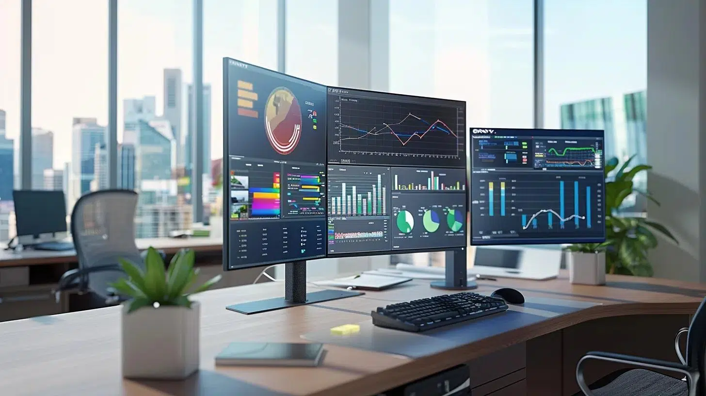 a sleek, modern office environment with financial analysts scrutinizing dynamic digital graphs and data on multiple high-resolution monitors, capturing the essence of in-depth financial performance analysis. | Cohesion a sleek, modern office environment with financial analysts scrutinizing dynamic digital graphs and data on multiple high-resolution monitors, capturing the essence of in-depth financial performance analysis.