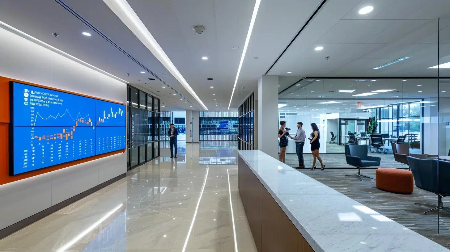 a sleek, modern office in dallas, featuring a confident cfo presenting strategic financial projections on a large digital screen, surrounded by engaged team members analyzing data on tablets, all under dynamic, focused lighting that highlights the urgency of growth and decision-making. | Cohesion a sleek, modern office in dallas, featuring a confident cfo presenting strategic financial projections on a large digital screen, surrounded by engaged team members analyzing data on tablets, all under dynamic, focused lighting that highlights the urgency of growth and decision-making.