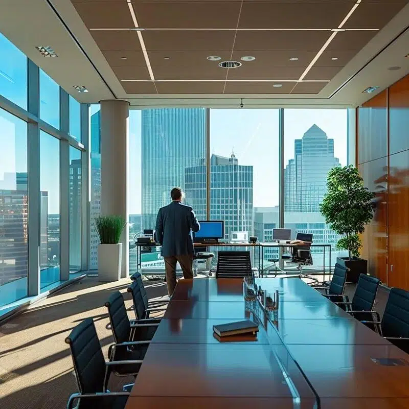 a sleek, modern office interior in dallas showcases a confident wealth management advisor presenting financial strategies to a group of attentive clients, with city skyscrapers visible through large floor-to-ceiling windows.
