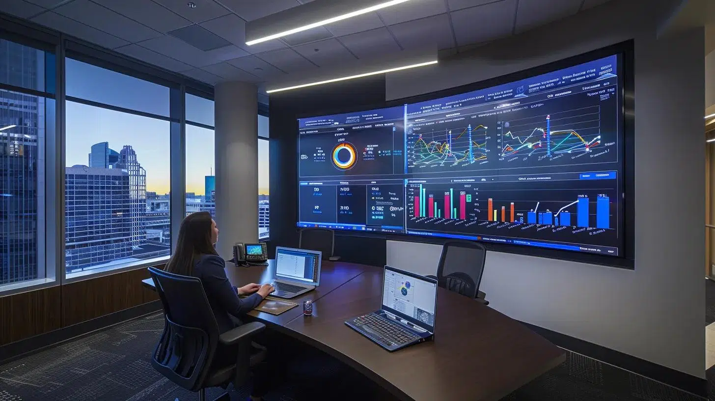 a sleek, modern office space features a large digital dashboard displaying vibrant, real-time cfo metrics, while a focused business professional analyzes the data on a sophisticated laptop, reflecting a commitment to transparency and growth. | Cohesion a sleek, modern office space features a large digital dashboard displaying vibrant, real-time cfo metrics, while a focused business professional analyzes the data on a sophisticated laptop, reflecting a commitment to transparency and growth.