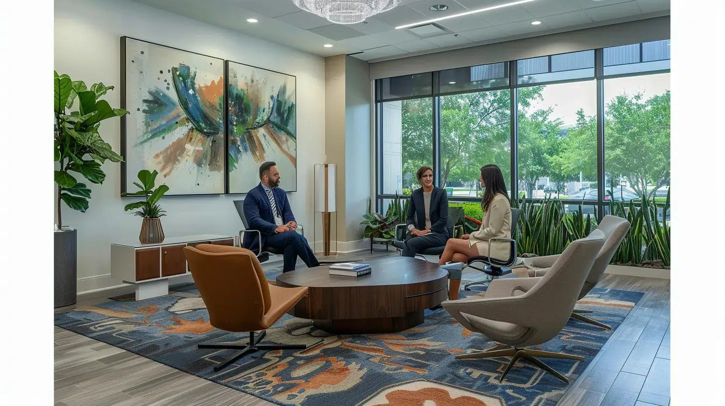 a sophisticated office setting in dallas showcases a confident financial advisor engaged in a dialogue with a client, emphasizing the critical evaluation of wealth management options amidst sleek, modern decor.