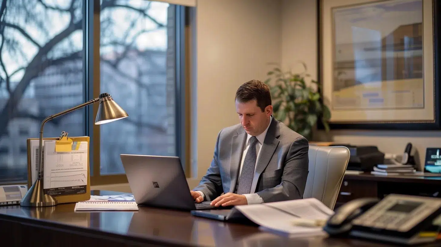 a sophisticated office setting showcases a focused dallas tax accountant engaging with high-tech financial software, surrounded by organized paperwork and a sleek laptop, symbolizing the precision and expertise essential for empowering real estate investors. | Cohesion a sophisticated office setting showcases a focused dallas tax accountant engaging with high-tech financial software, surrounded by organized paperwork and a sleek laptop, symbolizing the precision and expertise essential for empowering real estate investors.