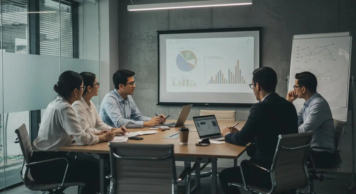 a modern office conference room featuring a focused group of professionals engaged in a dynamic discussion, with graphs and financial reports projected on a large screen, illustrating the strategic importance of a fractional cfo in ensuring strong financial foundations for startups. | Cohesion a modern office conference room featuring a focused group of professionals engaged in a dynamic discussion, with graphs and financial reports projected on a large screen, illustrating the strategic importance of a fractional cfo in ensuring strong financial foundations for startups.