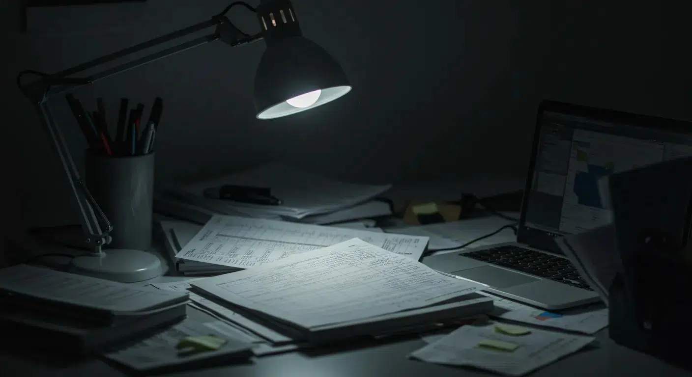 a cluttered office desk illuminated by harsh fluorescent lights showcases a maze of spreadsheets and accounting software on a laptop, symbolizing the time-consuming and chaotic nature of diy bookkeeping. | Cohesion a cluttered office desk illuminated by harsh fluorescent lights showcases a maze of spreadsheets and accounting software on a laptop, symbolizing the time-consuming and chaotic nature of diy bookkeeping.