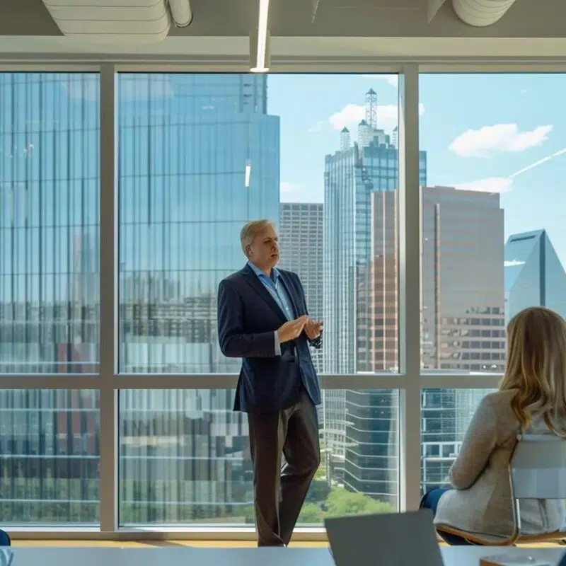 a confident fractional cfo in a sleek dallas office presents a compelling financial strategy to a diverse group of investors, with modern technology and city skyline visible through the large windows, emphasizing opportunity and growth.