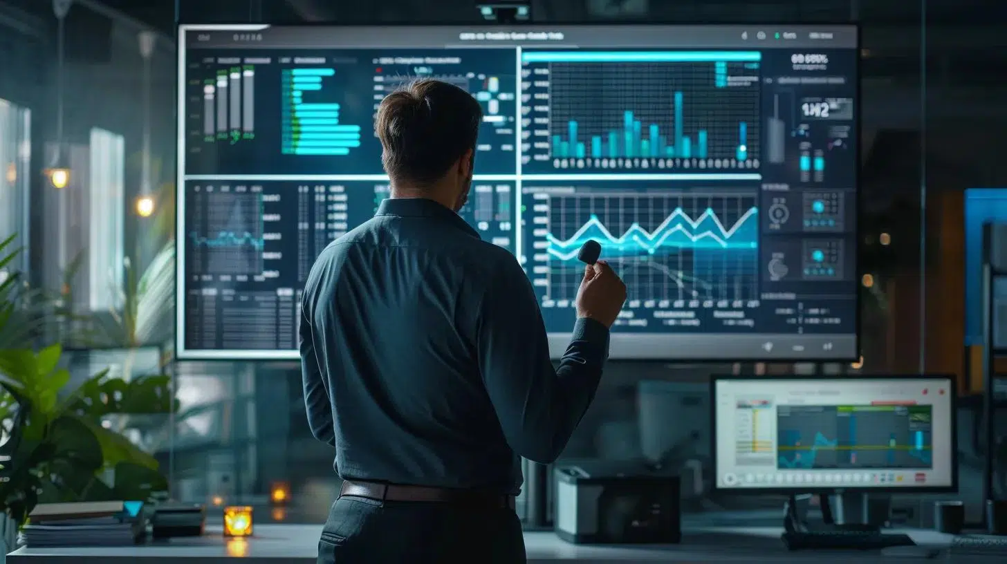 a modern office space showcases a confident cfo analyzing intricate financial graphs on a sleek digital screen, emphasizing strategic planning and forecasting for an e-commerce business. | Cohesion a modern office space showcases a confident cfo analyzing intricate financial graphs on a sleek digital screen, emphasizing strategic planning and forecasting for an e-commerce business.
