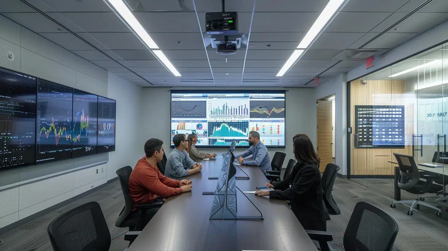 a sleek, modern conference room in a dallas office, featuring a polished table surrounded by professionals engaged in a focused discussion, illuminated by bright overhead lights as they review charts and graphs displaying financial goals and strategies. | Cohesion a sleek, modern conference room in a dallas office, featuring a polished table surrounded by professionals engaged in a focused discussion, illuminated by bright overhead lights as they review charts and graphs displaying financial goals and strategies.