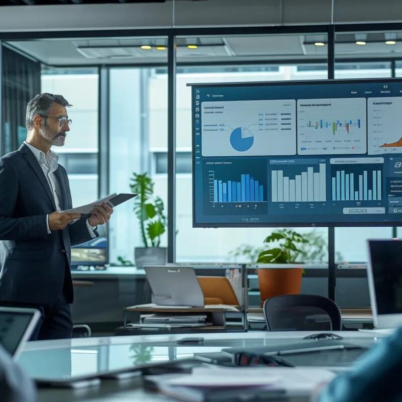 a sleek, modern office space with a professional accountant reviewing financial reports on a large screen, surrounded by collaborative teams analyzing data, symbolizing the efficiency and strategic advantages of outsourced accounting for plano-based firms.