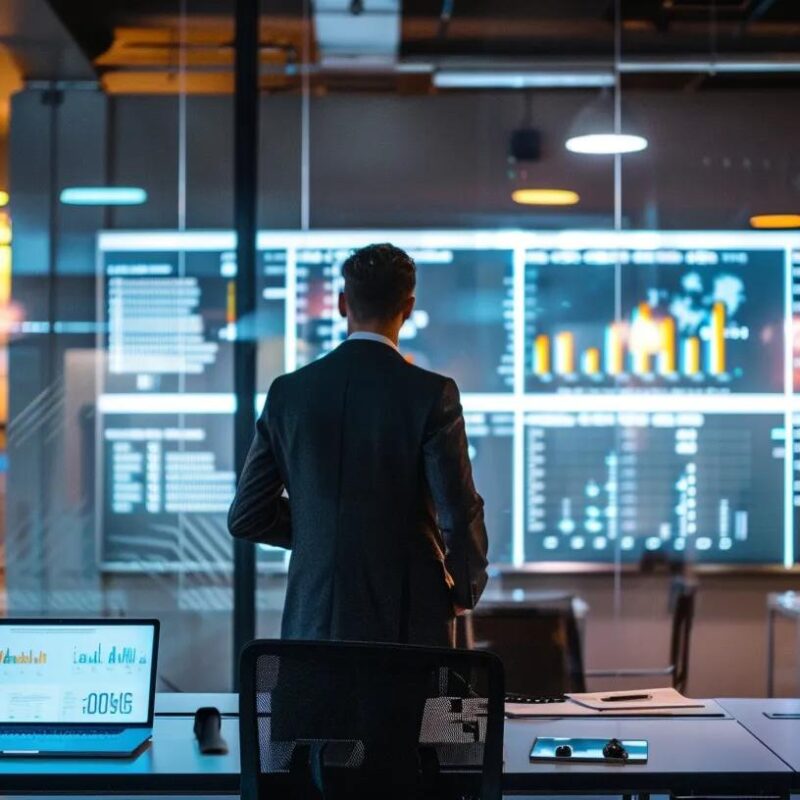 a sleek, modern office space featuring a confident local business owner engaged in a strategic meeting with a fractional cfo, surrounded by financial reports and digital screens displaying analytics and graphs, illuminated by warm overhead lighting.