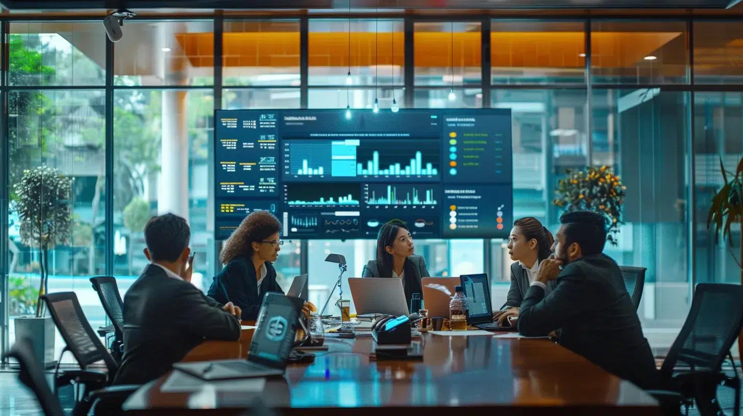 a sleek, modern office with a team of professionals engaged in a strategic discussion, surrounded by interactive digital displays showcasing financial data analytics and risk management strategies.