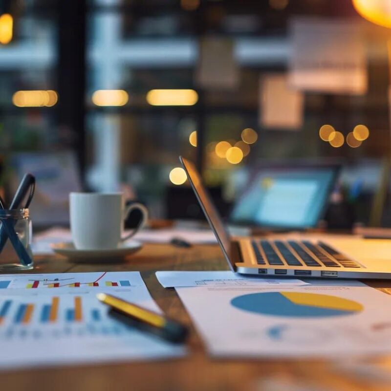 a sleek, modern office workspace features a meticulously organized desk adorned with quarterly tax preparation materials, including colorful charts and graphs illuminated by soft, focused overhead lighting, emphasizing the importance of timely financial strategies for businesses.