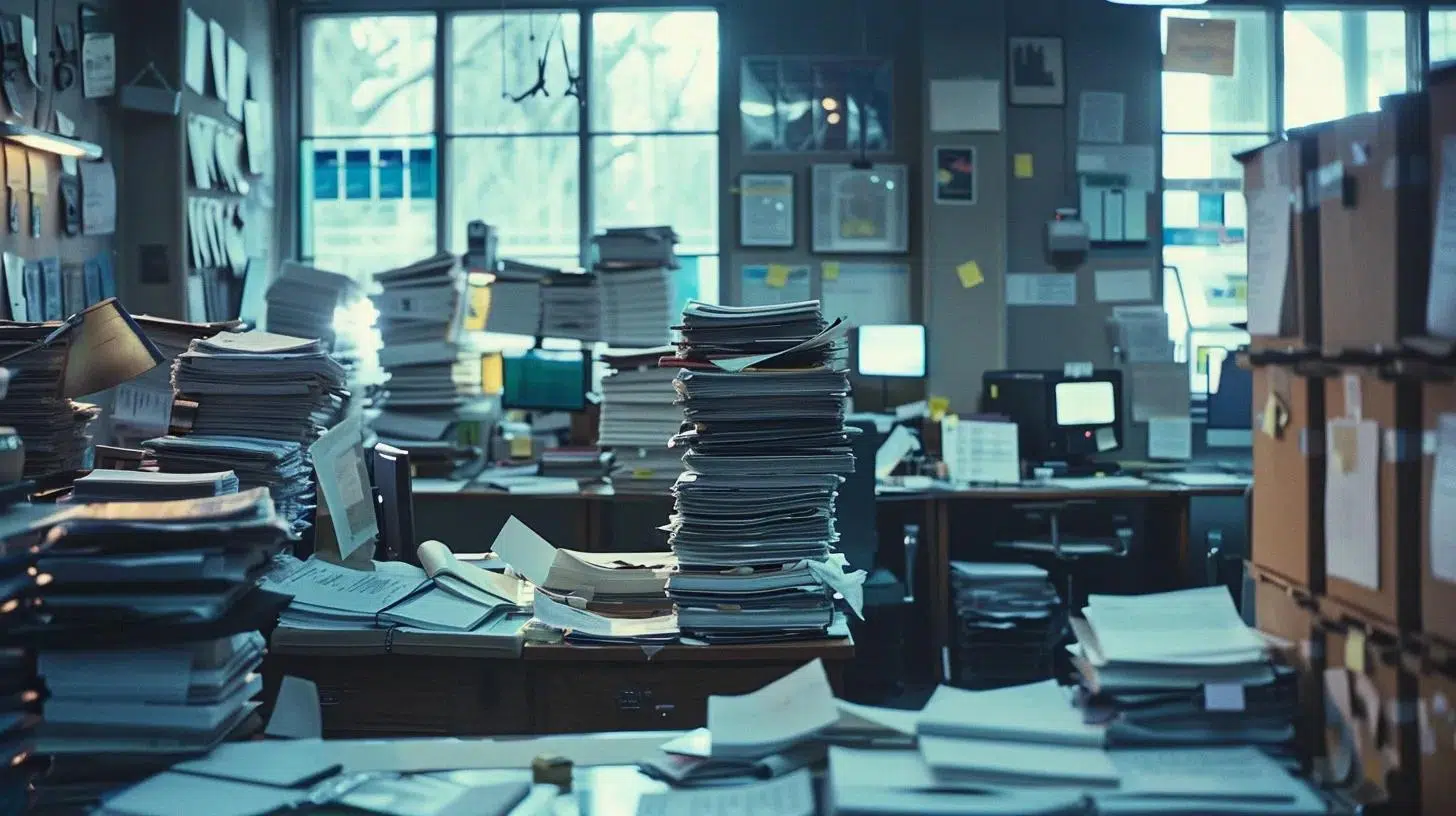 a tense office environment filled with stressed business professionals surrounded by stacks of paperwork and digital screens displaying deadlines, capturing the urgency and consequences of missing tax deadlines. | Cohesion a tense office environment filled with stressed business professionals surrounded by stacks of paperwork and digital screens displaying deadlines, capturing the urgency and consequences of missing tax deadlines.