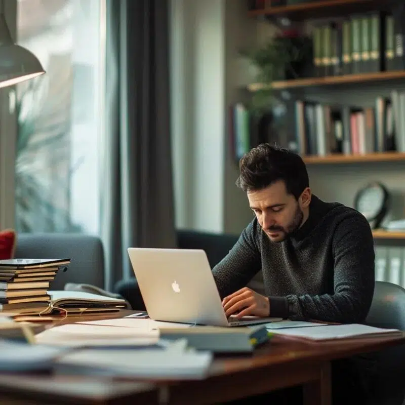 a focused entrepreneur sits at a sleek, modern office desk with a laptop open, surrounded by neatly organized documents and tax-related materials, emphasizing the theme of overlooked tax deductions for business owners.