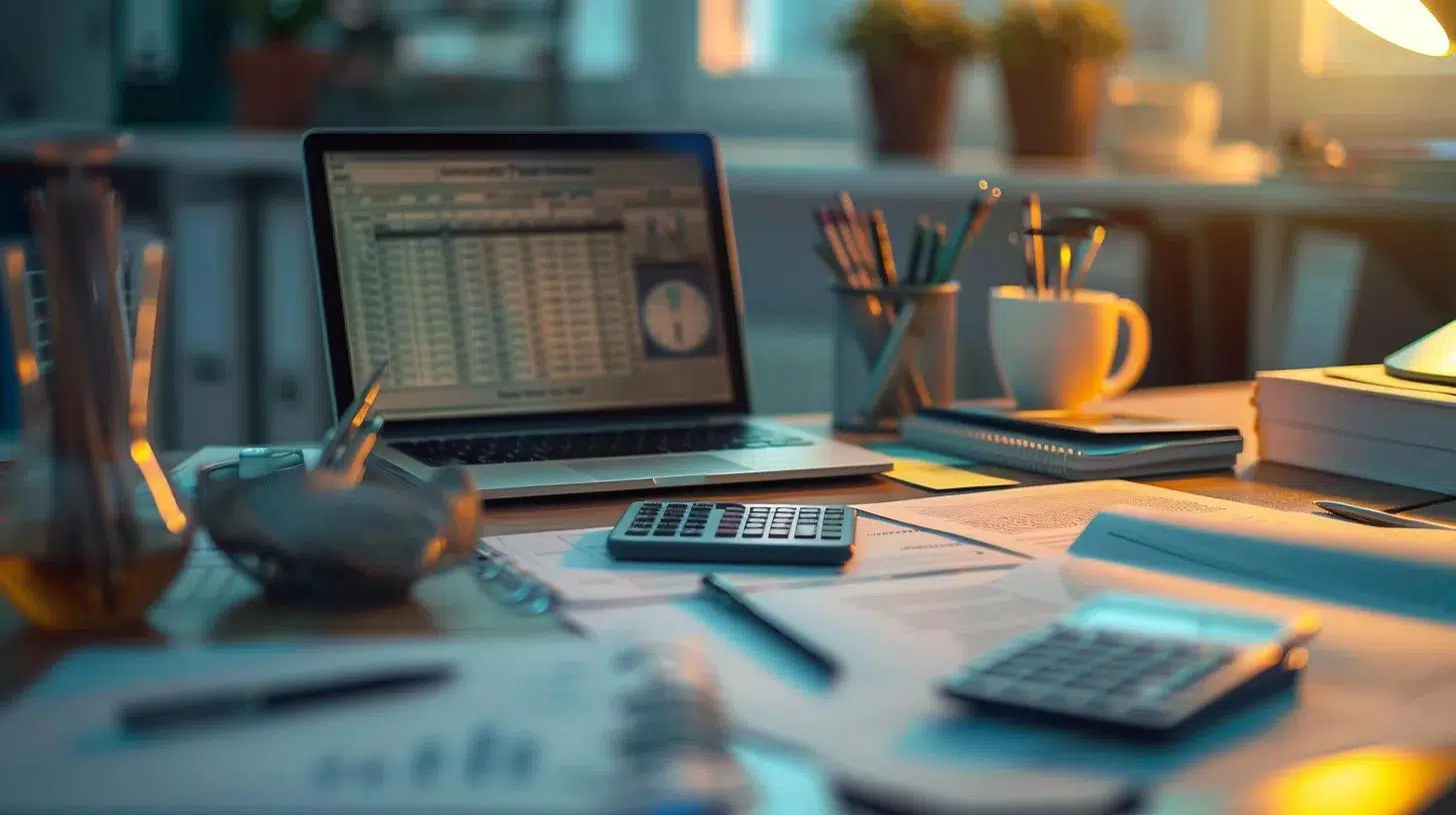 a focused office scene features a neatly organized desk with a laptop displaying tax software, alongside financial documents and a calculator, illuminated by bright, artificial lighting, emphasizing the theme of meticulous tax preparation and strategic planning. | Cohesion a focused office scene features a neatly organized desk with a laptop displaying tax software, alongside financial documents and a calculator, illuminated by bright, artificial lighting, emphasizing the theme of meticulous tax preparation and strategic planning.