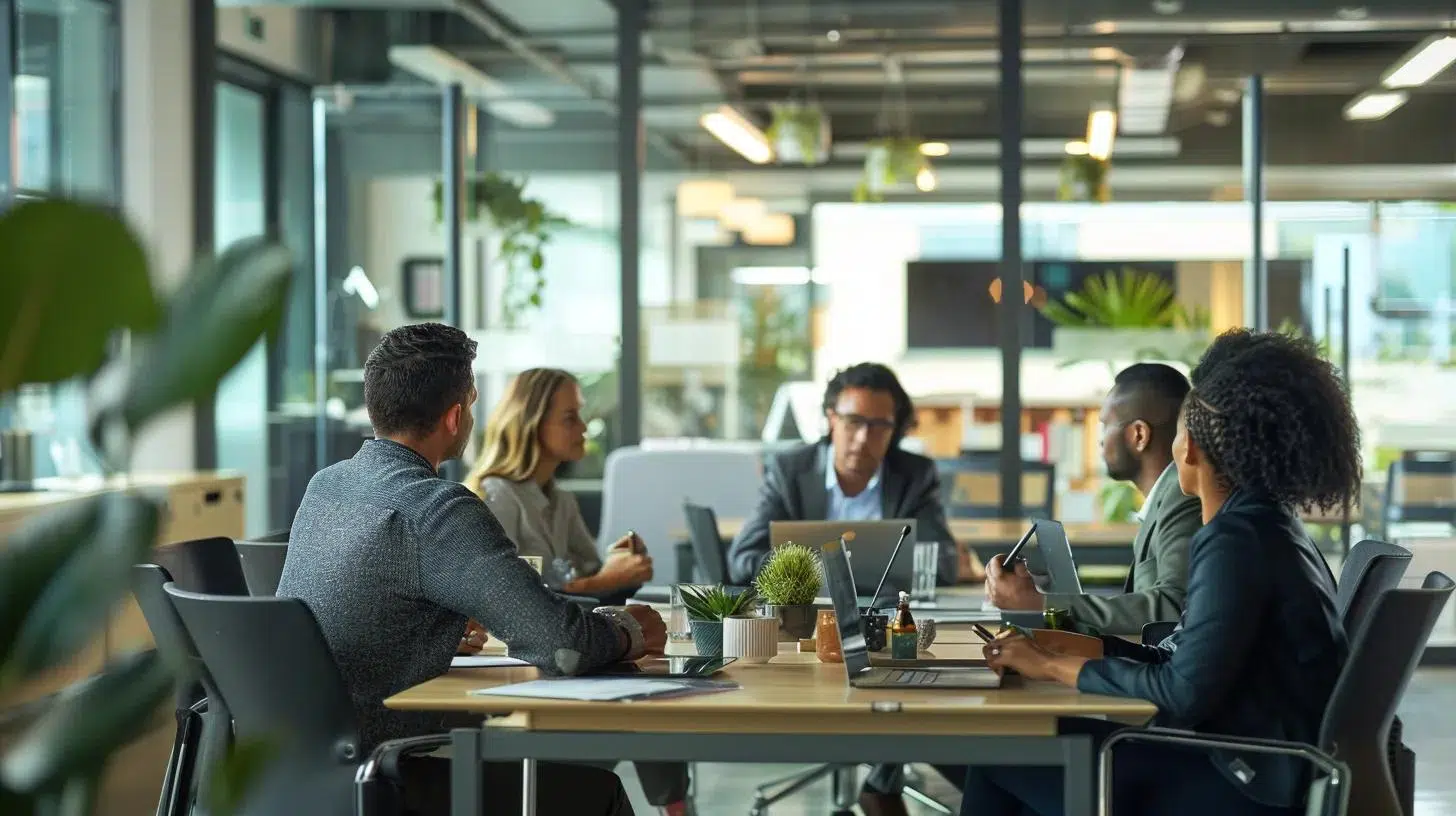 a modern office in plano showcases a diverse team of professionals engaged in a collaborative discussion around a sleek conference table, symbolizing the efficiency and cost-effectiveness of outsourced accounting solutions.