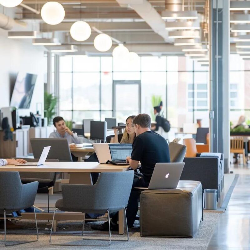a modern office space is bustling with focused professionals collaborating over sleek laptops and financial reports, highlighting the efficiency of outsourced accounting services in supporting plano startups.
