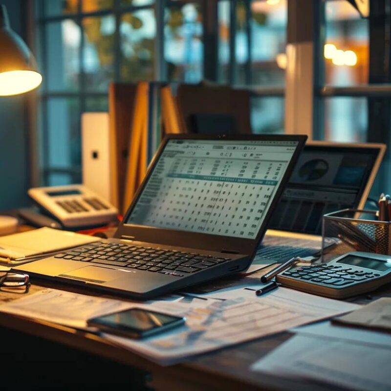 a modern office workspace features a sleek desk cluttered with financial documents, a calculator, and a laptop displaying a financial spreadsheet, illuminated by warm artificial lighting that emphasizes a focused atmosphere for plano business owners preparing quarterly taxes.