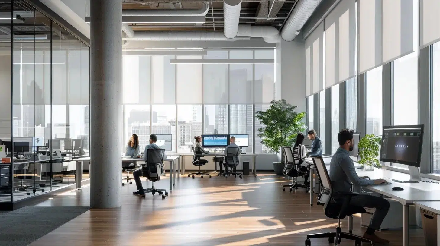 a sleek, modern office environment filled with high-tech workstations and collaborative spaces showcases a diverse team of professionals engaged in dynamic discussions over digital workflows and automated task management, highlighting the theme of operational efficiency in a plano professional services business.