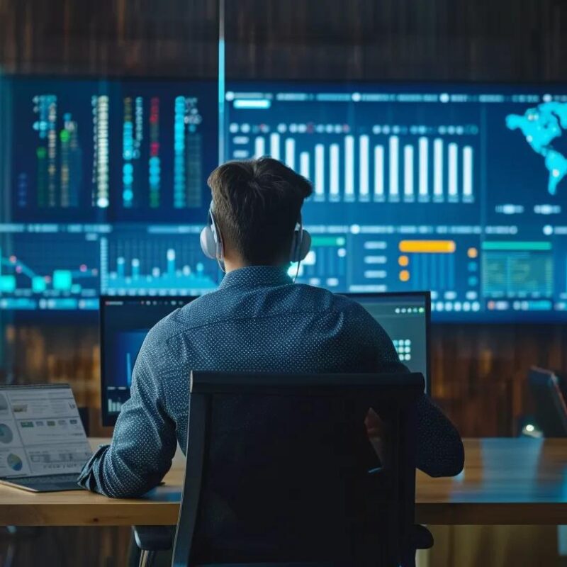 a sleek, modern office space with a focused entrepreneur engaged in a video call with a professional fractional cfo, showcasing charts and financial data on a large screen, conveying the dynamic synergy of e-commerce growth and expert financial guidance.